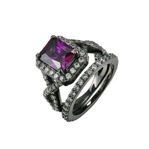 NWT 14K Black Gold Plated Amethyst CZ Engagement  Wedding Ring Set Sz. 9